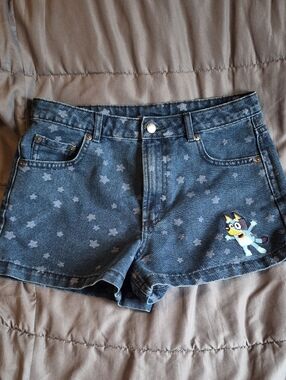 Girls Blue Denim Star Print Shorts with A Bluey Patch